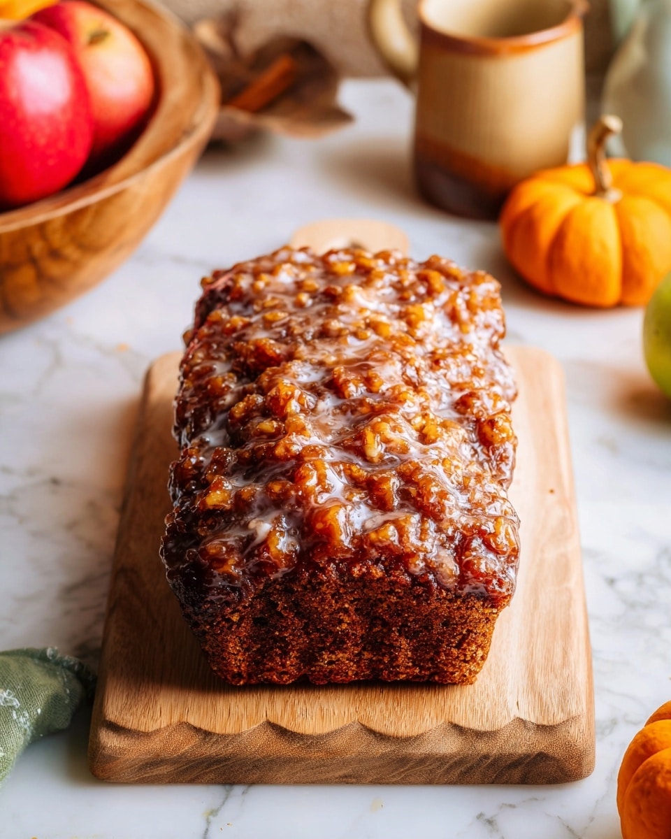A loaf of moist cake with a golden-brown crust and a light brown inside is shown on white marble. The top is covered with a glossy, light-colored glaze that drips slightly down the sides. The cake has a few small chunks of fruit or nuts visible inside. Three thick slices are cut and placed in front of the loaf on the surface. In the blurred background, there is an orange pumpkin and a wooden bowl with apples. photo taken with an iphone --ar 4:5 --v 7