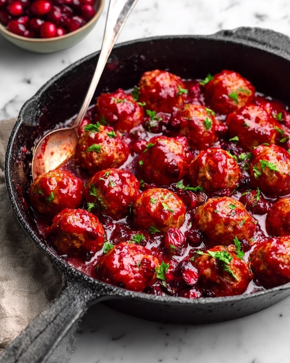 A white bowl filled with two main layers: the bottom layer is thick, chunky, deep red cranberry sauce with a slightly glossy texture, and the top layer consists of shiny, brown meatballs coated in a rich glaze, each sprinkled with small pieces of bright green chopped chives. The bowl is set on a gray cloth, all placed on a white marbled surface. photo taken with an iphone --ar 4:5 --v 7