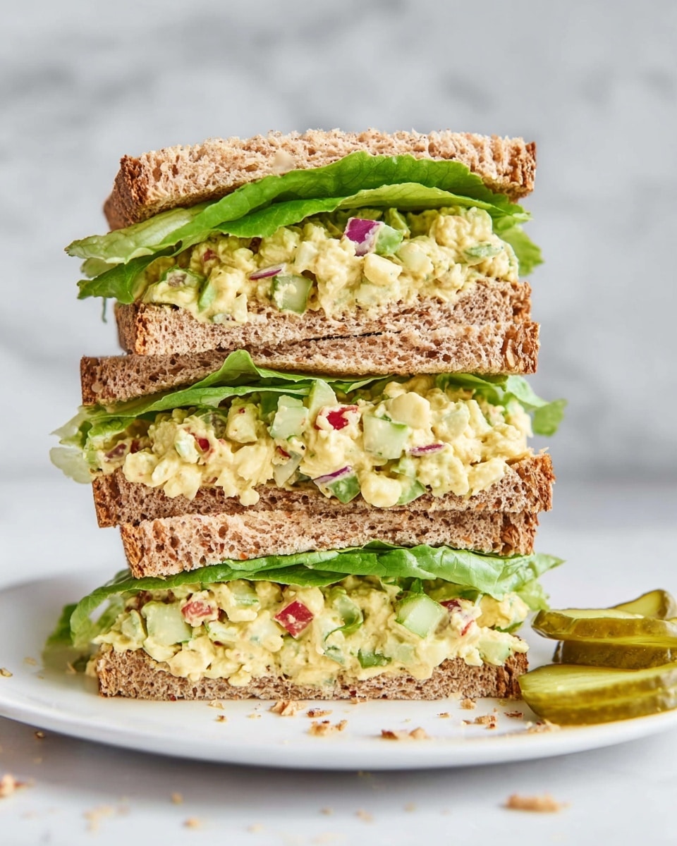 The image shows an open sandwich placed on a white marbled surface with a single layer of green lettuce spreading outwards, topped with a chunky salad mixture made of small pieces of pale yellow, light green, red, and purple ingredients, likely a vegetable or chicken salad; next to the sandwich is a white bowl filled with the same salad, a metal spoon resting near the bowl holding some salad, and a few slices of whole wheat bread on the side. Photo taken with an iphone --ar 4:5 --v 7