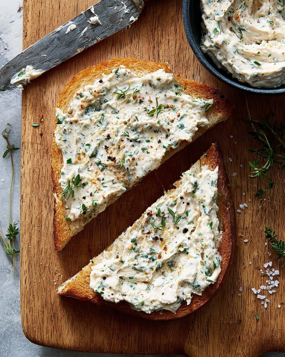 A creamy, textured spread with visible green herbs and red spices is lifted by a knife from a black bowl. The spread is thick and swirled in the bowl, showing a light beige color with specks of green and red. In the background, pieces of toasted bread topped with the same spread are slightly blurred, resting on a white marbled surface. The knife appears rustic with a gray, weathered blade. photo taken with an iphone --ar 4:5 --v 7