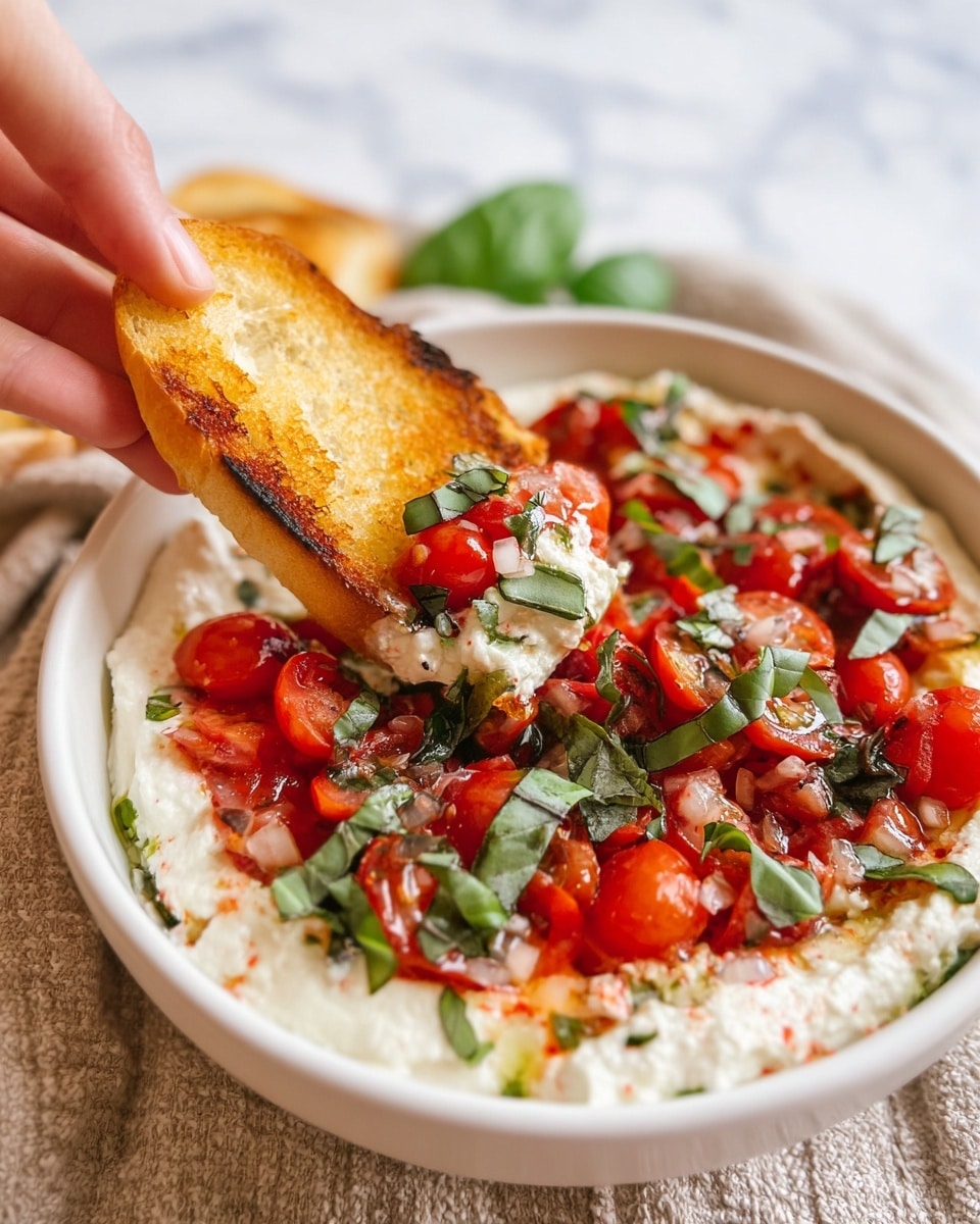 A round shallow bowl holds a two-layer dish on a white marbled surface. The first layer is a thick, creamy white spread with a slightly rough texture, evenly covering the bottom and sides of the bowl. The second layer is a fresh mix of chopped bright red cherry tomatoes, thinly sliced white onions, and torn dark green basil leaves, placed in the center atop the creamy base. Additional basil leaves are scattered on top for garnish. Around the bowl, there are a few toasted golden-brown bread slices to the right, a small white bowl with torn basil leaves at the bottom left, and a plate with a bunch of red cherry tomatoes with green stems at the top left. A light beige textured cloth is casually placed to the bottom right. Photo taken with an iphone --ar 4:5 --v 7