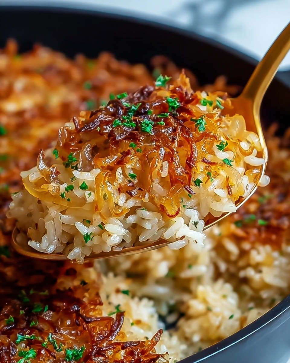 A close-up view of a golden-brown crispy rice dish with visible layers of cooked rice and caramelized onion slices mixed throughout; the top layer shows slightly burnt, crispy rice grains with a crunchy texture and small green herb sprinkles, all held on a shiny gold spoon scooping from a black pan, with more rice visible in the background on a white marbled surface. photo taken with an iphone --ar 4:5 --v 7