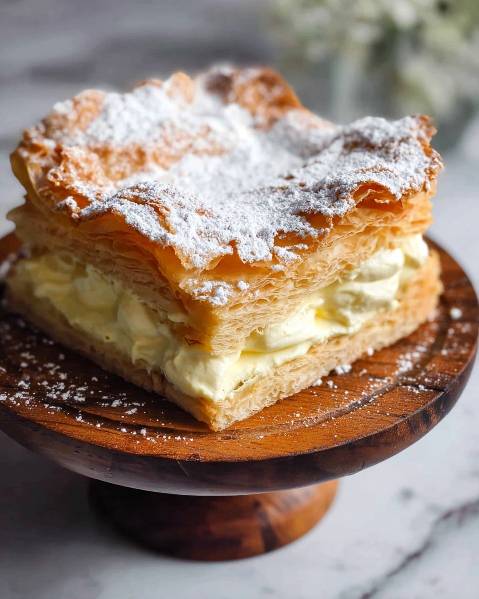 A puff pastry cake with a thick pale yellow cream layer sandwiched between two crunchy, golden-brown puff pastry layers, dusted with fine white powdered sugar on top; the top layer is slightly cracked and airy, showing texture, and the cake sits on a dark wooden cake stand placed on a white marbled surface. Photo taken with an iphone --ar 4:5 --v 7