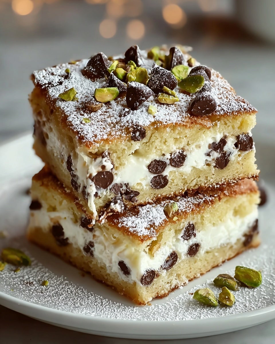 Two square dessert bars are stacked on a white plate with a white marbled surface underneath. Each bar has three visible layers: the top and bottom layers are golden brown cake with a slightly crisp texture, speckled with small chocolate chips. The middle layer is thick and creamy white filling embedded with more small chocolate chips. The top bar is sprinkled with powdered sugar and decorated with larger chocolate chunks and bright green pistachio pieces scattered across the surface. A few pistachio pieces and powdered sugar are also visible on the plate around the bars. The image is warm and softly lit, highlighting the texture and colors of the dessert. photo taken with an iphone --ar 4:5 --v 7