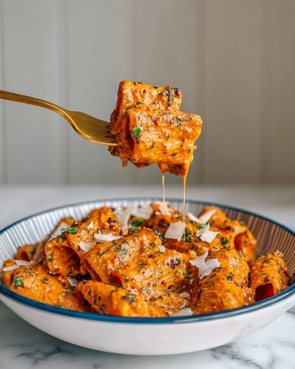 This image shows a close-up of rigatoni pasta coated in a thick, creamy orange-red sauce with visible flecks of green herbs and spices. The pasta is arranged in a white bowl with a blue-rimmed edge, and the sauce covers every piece, giving it a rich texture. On top of the pasta are small pieces of grated white cheese and bits of herbs, adding contrast to the vibrant sauce. A gold fork lifts a bite of the pasta, showing several rigatoni tubes stacked closely together with sauce dripping slightly. The background is a soft, plain white marbled texture. photo taken with an iphone --ar 4:5 --v 7