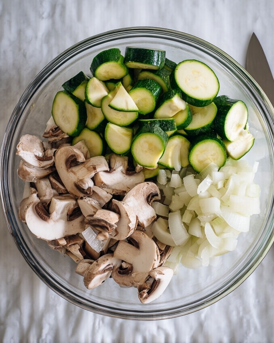 A clear glass bowl containing three layers of chopped vegetables is placed on a white marbled surface. The top layer has bright green zucchini slices cut into half-moons. Below that are light brown whole and sliced mushrooms showing their soft texture. The bottom layer holds evenly chopped white onions with a slightly translucent look. Some of the vegetables mix gently at the edges, showing fresh, raw textures. photo taken with an iphone --ar 4:5 --v 7