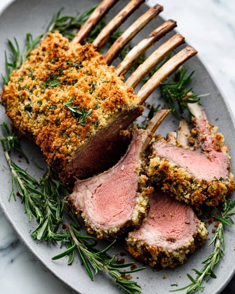 Three pieces of rack lamb are placed on a white plate, each piece showing a thick crust of golden, crispy breadcrumbs on one side and tender pink meat on the other. The breadcrumbs have small green and orange bits, indicating herbs and seasoning. A fresh green rosemary sprig is laid on the plate, adding a touch of color. The crusty breadcrumbs sit under each lamb piece and sprinkle around them, giving a crunchy texture. The background surface is a white marbled texture. Photo taken with an iphone --ar 4:5 --v 7
