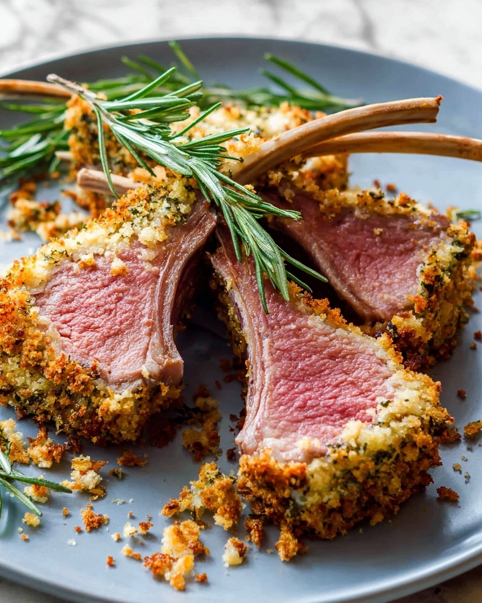 The image shows a white oval plate on a white marbled surface, filled with a rack of lamb coated in a golden-brown breadcrumb and herb crust, cut into slices revealing juicy, pink meat inside. The rack has several thick ribs extending from the crumb-coated meat with a rough texture on top. The slices lie neatly arranged next to the rack, showing the tender pink interior and a seared outer edge. Fresh green rosemary sprigs are placed around the lamb on the plate as garnish, adding a natural green color contrast to the warm tones of the meat and crust. Photo taken with an iphone --ar 4:5 --v 7