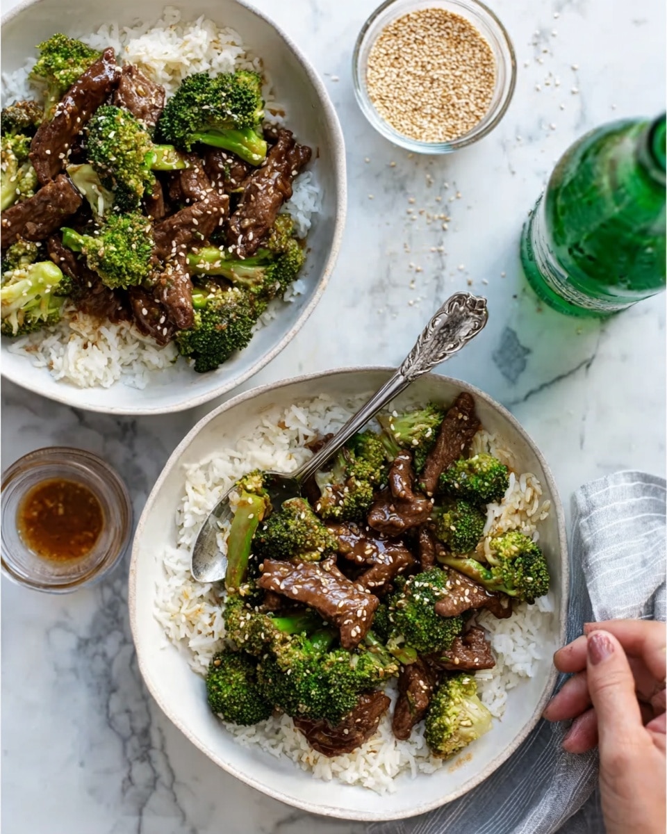 The image shows two white bowls filled with a layered dish. Each bowl has a base layer of white rice at the bottom, topped with bright green broccoli pieces and cooked beef strips that have a rich brown sauce coating. The beef looks tender and glossy, mixed evenly with the broccoli. Around the bowls, there are small glass bowls with brown sesame seeds and a light sauce, plus a green drink bottle on a white marbled surface. Two silver spoons rest inside each bowl, and a woman's hand holds one spoon in the bowl placed closer to the top. Photo taken with an iphone --ar 4:5 --v 7