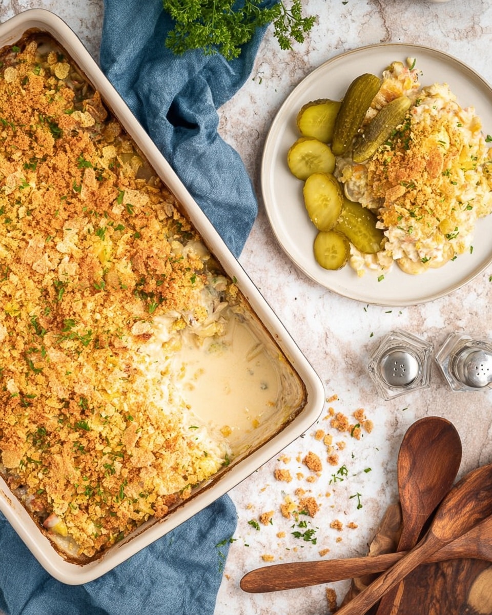 The image shows a white rectangular baking dish filled with a creamy, cheesy casserole that has a golden-brown breadcrumb and cracker crumb topping with bits of green herbs scattered throughout. One large square portion has been scooped out, revealing a thick, smooth, off-white sauce layer beneath the crispy topping. A white round plate near the top right holds a serving of the casserole with the same three layers visible: the crunchy golden topping, the creamy cheese sauce, and a soft base underneath. There are three pickles next to the casserole on the plate. The dish is placed on a white marbled textured surface with a blue cloth and a wooden spoon in the lower part of the image, and two salt and pepper shakers on the right side. A few crumbs are scattered around the dish. Photo taken with an iphone --ar 4:5 --v 7