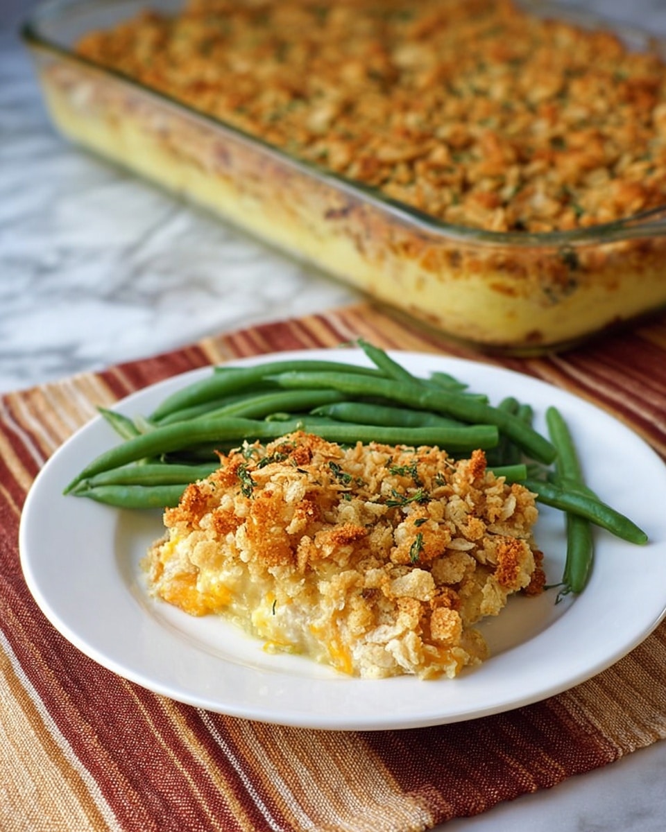 A white plate holds a serving of a two-layer casserole and a side of green beans. The casserole slice shows a bottom layer of smooth, light yellow creamy filling topped with a thick, textured layer of golden brown crushed cracker crumbs mixed with small green herbs. The green beans are bright green and look fresh and steamed. In the background, there is a clear glass baking dish filled with the full casserole, showing the creamy yellow bottom layer and the crispy browned crumb top. The plate and baking dish are placed on a fabric with warm stripes of cream, light brown, and red-orange, all set on a white marbled surface. photo taken with an iphone --ar 4:5 --v 7
