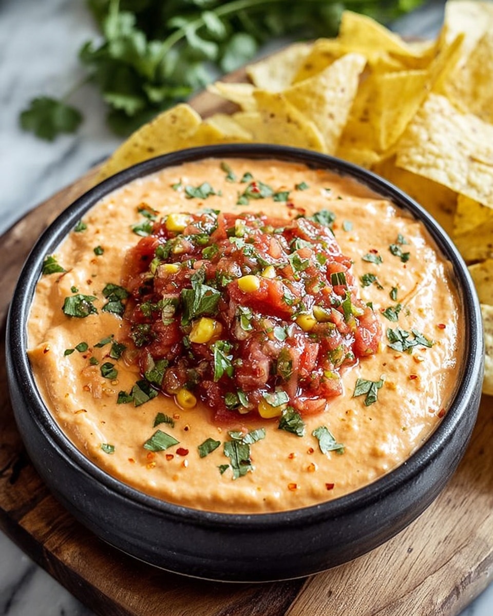 A black bowl filled with creamy orange dip, topped with a chunky red salsa that has pieces of green cilantro, corn, and finely chopped vegetables. The bowl sits on a wooden board with yellow tortilla chips and green cilantro leaves blurred in the background, all set on a white marbled surface. The dip looks smooth with tiny flecks of seasoning, and the salsa adds a fresh, colorful contrast. photo taken with an iphone --ar 4:5 --v 7