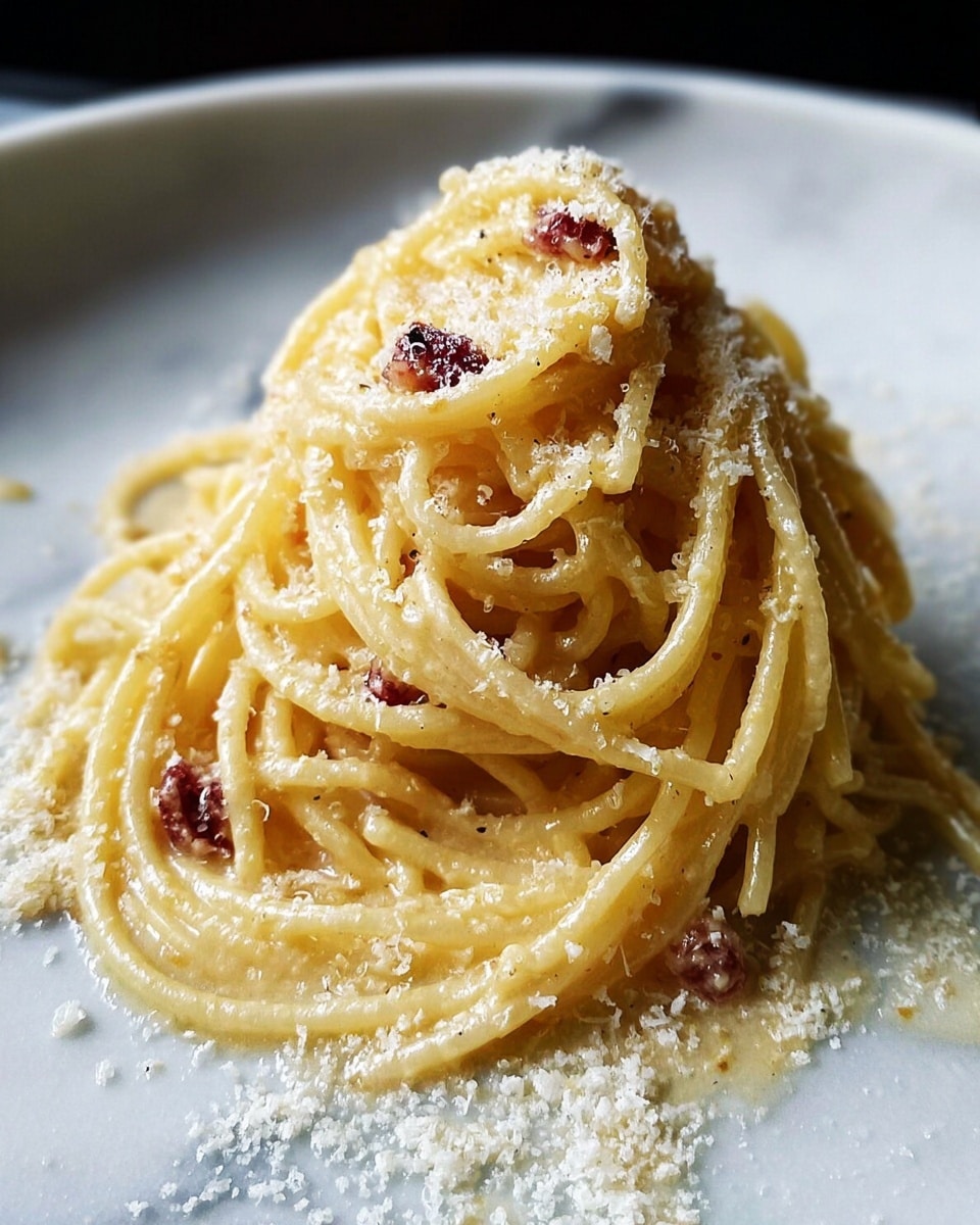 The image shows a white pan filled with a serving of spaghetti pasta. The spaghetti is light golden yellow and mixed with small pieces of crispy browned pancetta scattered throughout. The pasta is coated with a creamy sauce with tiny black pepper dots, giving it a slightly speckled look. The pan is resting on a white marbled surface and there is a blue and white striped cloth partially visible beneath the pan. The whole scene is bright and clean. Photo taken with an iphone --ar 4:5 --v 7