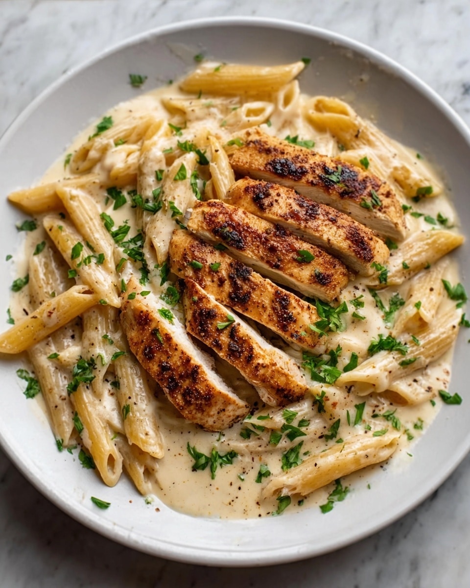A white plate filled with creamy pasta made of penne noodles, coated evenly in a smooth, light beige sauce with visible black pepper bits. On top of the pasta, there are four grilled chicken breast strips with a golden-brown crust and grill marks, arranged in a fan shape. Green chopped herbs are sprinkled over the dish, adding a fresh, contrasting color. The plate rests on a white marbled surface. Photo taken with an iphone --ar 4:5 --v 7