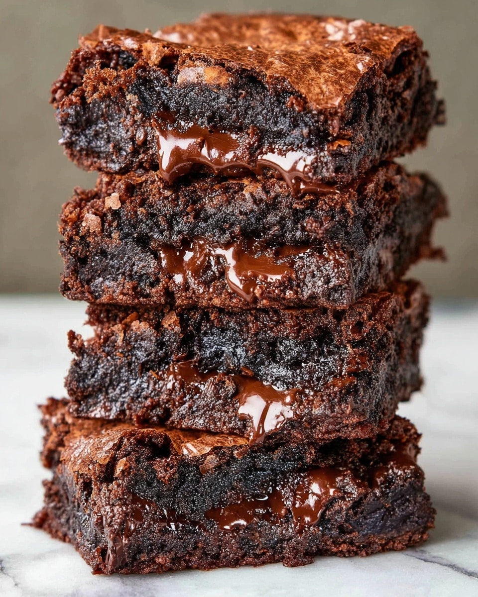 The image shows seven square brownies arranged closely on a white marbled surface. Each brownie has a cracked, shiny top crust in a golden brown color, with some areas slightly darker. The interior layer is darker and looks moist and rich. Small flakes of white sea salt are sprinkled on the top crust, adding texture and contrast. The edges of the brownies appear firm while the centers look soft and dense. A few small crumbs are scattered around the pieces on the surface. photo taken with an iphone --ar 4:5 --v 7