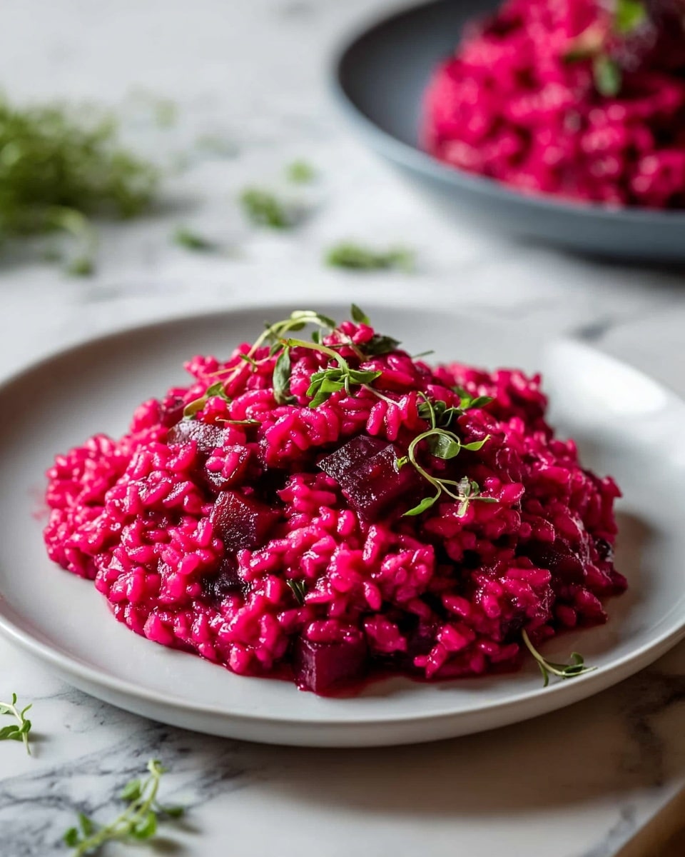 The image shows a single white plate filled with bright pink beet risotto. The risotto has a creamy texture with visible beetroot chunks mixed evenly throughout. On top, small green herb leaves are scattered, adding a fresh touch and contrast in color. The plate is set on a white marbled surface with a few green herb sprigs placed around. In the blurred background, a second white plate with more beet risotto is partly visible. The lighting highlights the vibrant colors and moist texture of the dish. photo taken with an iphone --ar 4:5 --v 7