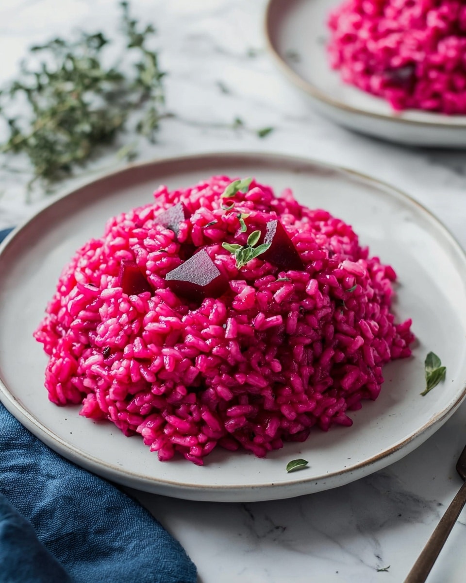 A mound of bright pink risotto sits in the centre of a white plate, with each grain of rice coated in the vibrant color, slightly glossy and soft in texture. Small pieces of beetroot are scattered within the risotto, adding deeper pink chunks mixed evenly through the dish. A few tiny green herb leaves are sprinkled on top, providing a fresh contrast to the pink. The plate rests on a surface with a white marbled texture. In the background, part of another plate with the same risotto can be seen, along with a small sprig of green herbs and a dark blue cloth nearby. Photo taken with an iphone --ar 4:5 --v 7