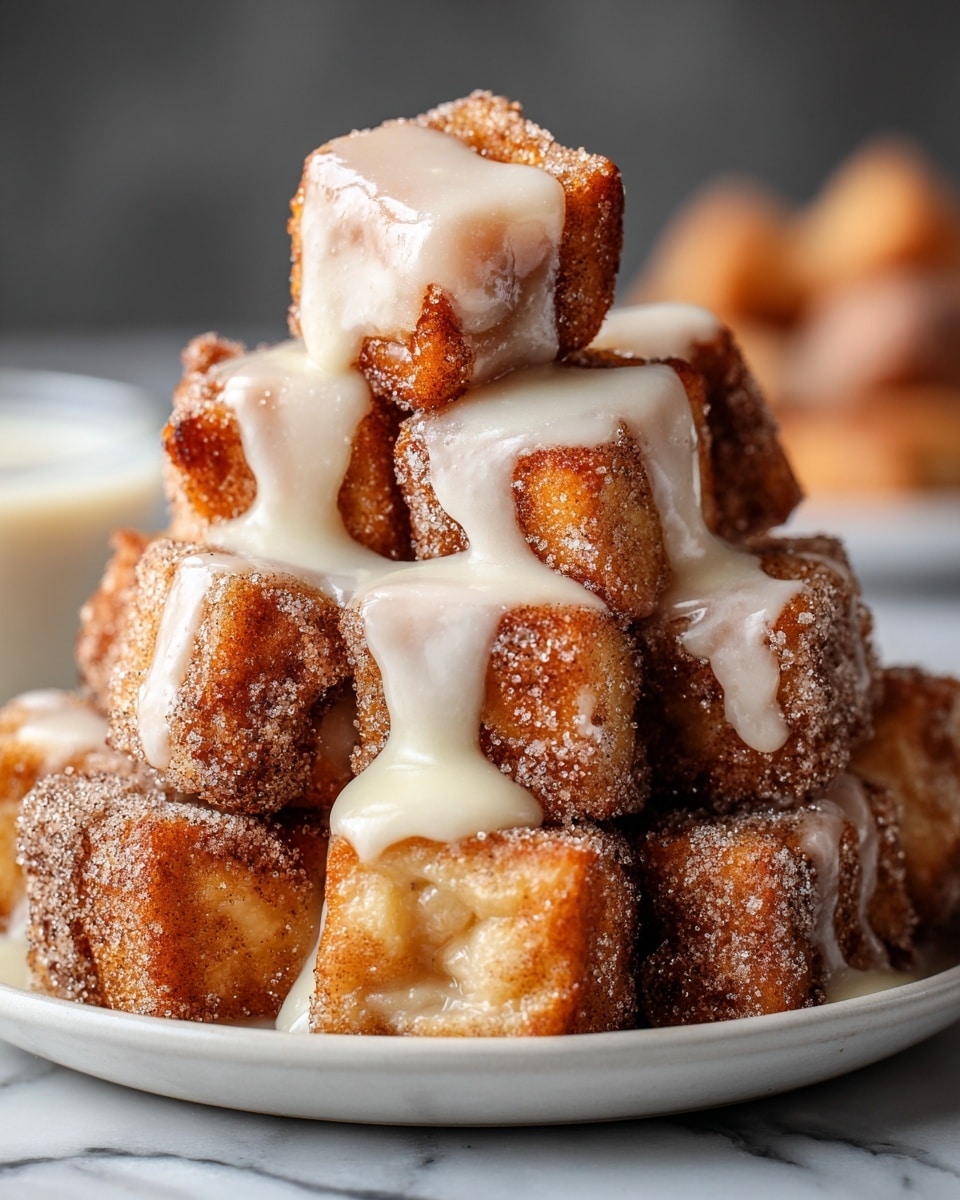 A close-up view of many small, golden-brown cubes coated with sugar and cinnamon, piled high on white parchment paper inside a small bowl, which sits on a white plate. The cubes look crispy with a rough texture from the sugar and cinnamon layer. Two more sugar-coated cubes lie on the white marbled surface near the plate. In the background, there is a blurry white cup. The overall color tone is warm and inviting, with soft natural lighting emphasizing the crispy texture. photo taken with an iphone --ar 4:5 --v 7
