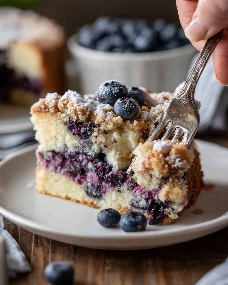 A slice of blueberry crumb cake is held up by a spatula with a wooden handle, showing three visible layers: a bottom layer of dark purple blueberry filling, a thick middle layer of creamy white cheese, and a top layer of light golden cake dotted with purple-blue blueberries. The cake is topped with a golden crumb layer dusted with powdered sugar and three fresh blueberries. The rest of the cake sits on a white plate with more blueberries on top, placed on a white marbled surface with a blurred bowl of blueberries in the background. photo taken with an iphone --ar 4:5 --v 7