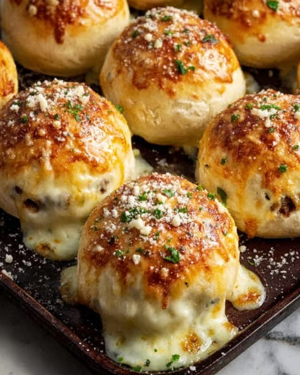 The image shows several small round bread rolls on a dark baking tray, each topped with melted cheese that drips down the sides, and sprinkled with white crumbs and green herbs. The bread rolls have a shiny, golden-brown surface. The melted cheese layer sits just under the top of the bread, with some darker bits of filling visible inside the small openings under the cheese layer. The background is a white marbled texture. Photo taken with an iphone --ar 4:5 --v 7