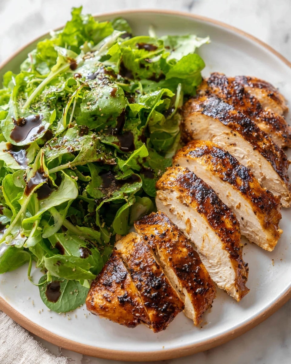 The image shows a close-up of four grilled chicken breasts in a black pan, each piece golden brown with dark grill marks and sprinkled with green rosemary sprigs. A shiny silver spoon is pouring a dark brown, thick sauce with visible small seeds and herbs over the front chicken breast. In the background, there is a white bowl filled with small roasted potatoes, with a blurred bunch of green herbs on the right side. The entire scene rests on a white marbled surface. photo taken with an iphone --ar 4:5 --v 7