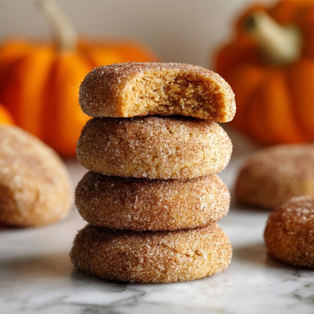 A stack of four round cookies sits on a white marbled surface, each cookie coated with a layer of sugar and cinnamon that gives a slightly rough texture. The top cookie has a bite taken out, showing a soft, crumbly orange-brown inside. Around the stack are other similar cookies, some whole and some partially blurred, with warm orange pumpkins softly out of focus in the background. The scene has a cozy, autumn feel from the rich golden and orange tones. photo taken with an iphone --ar 4:5 --v 7