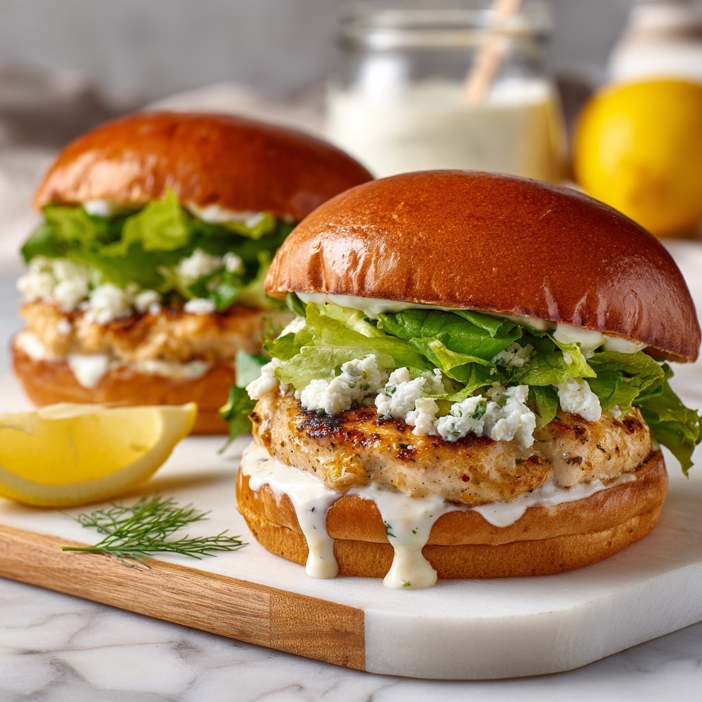 A close-up view of a chicken sandwich on a white marbled surface, showing four main layers: a soft brown top bun, a creamy white sauce with black pepper drizzled over fresh green leafy lettuce and thin purple onion slices, followed by a grilled chicken patty with a slightly browned texture. The bottom layer is another thick spread of the same creamy white sauce on a toasted brown bottom bun. The sandwich sits on a light wooden board with some waffle-cut potato chips in the background and thin white cheese slices scattered lightly around. Photo taken with an iphone --ar 4:5 --v 7