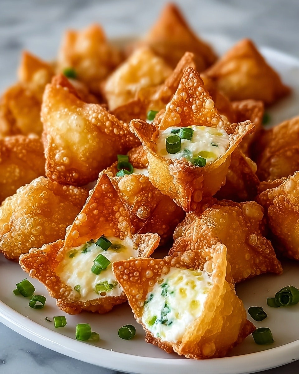 The image shows a white plate filled with crispy, golden brown fried wontons that have a bubbly texture on their surface. Most of the wontons are fully closed, with sharp triangular peaks, while two at the front are open, revealing a creamy white filling inside, topped with small pieces of bright green chopped scallions. Additional scallions are scattered around the plate, adding fresh green color contrast to the warm fried tones. The dish rests on a white marbled surface. photo taken with an iphone --ar 4:5 --v 7