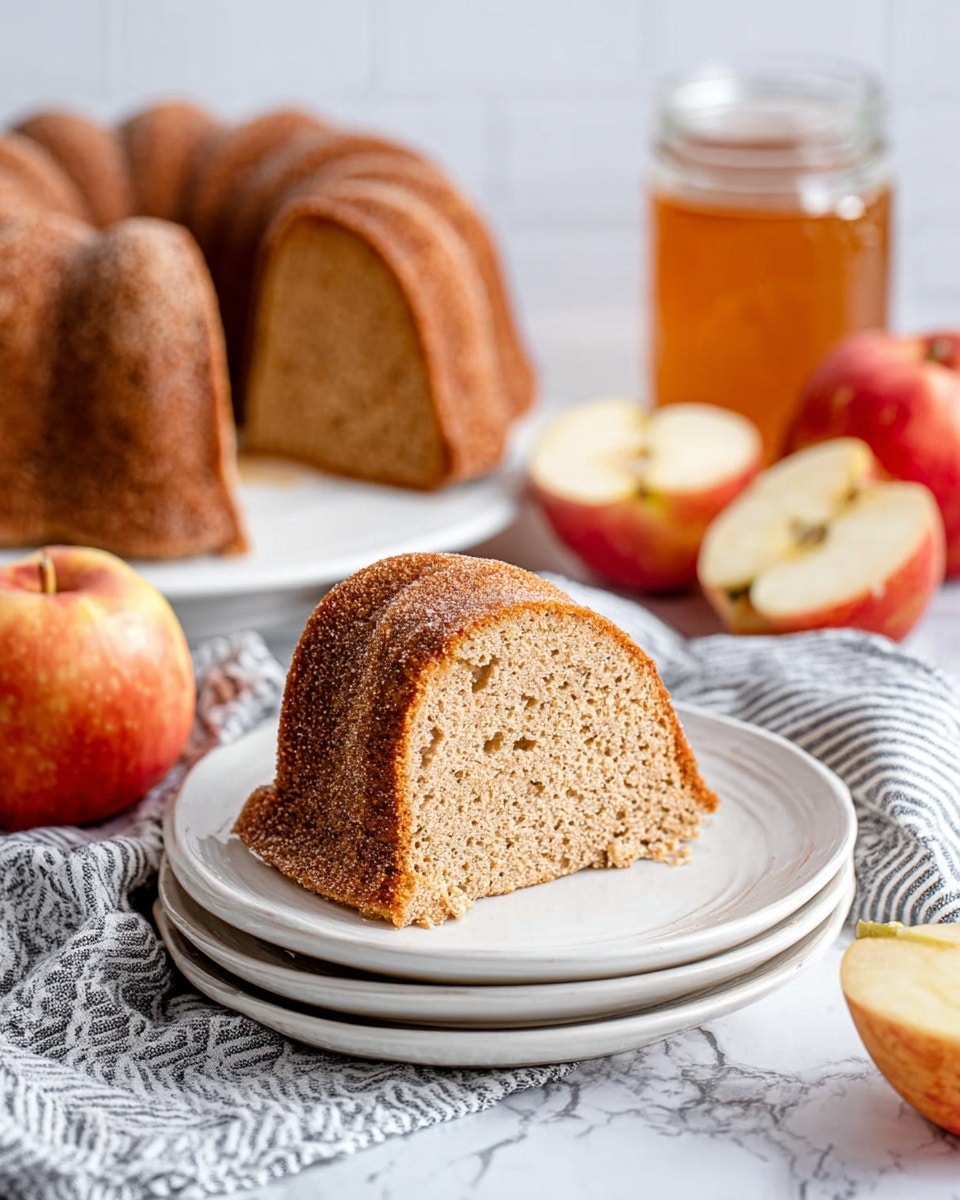 A round bundt cake with a golden brown crust dusted lightly with sugar sits on a white plate, sliced on one side to show a soft, light tan inside with a fine crumb texture. The cake rests on a black and white striped cloth on a white marbled surface. Surrounding the plate are whole red and yellow apples, a few apple slices, and a glass of orange-yellow juice behind the cake. The scene has a warm, fresh feel with natural light highlighting the colors and textures. Photo taken with an iphone --ar 4:5 --v 7