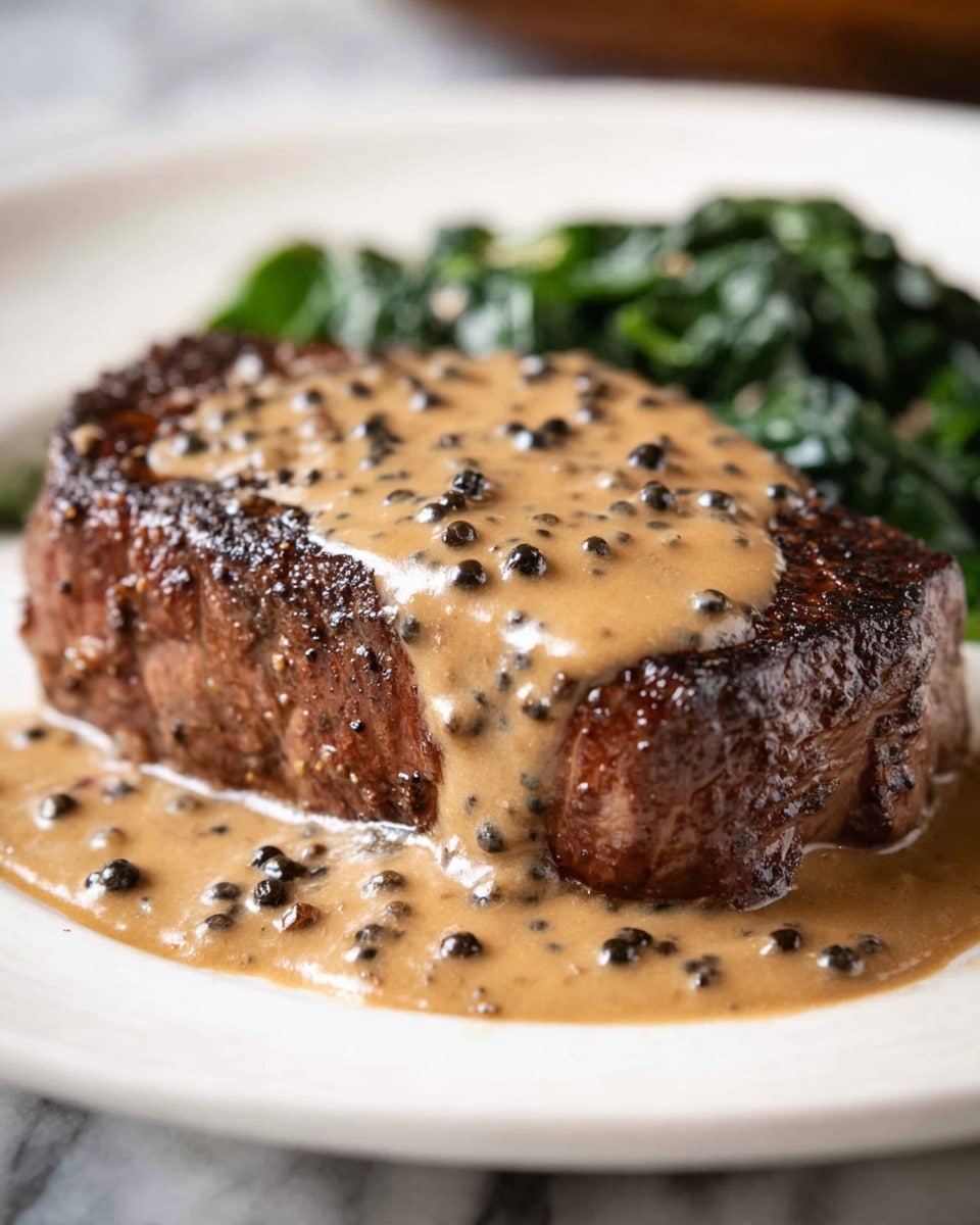 A thick, well-seared steak with a dark brown crust sits on a white plate, topped with a smooth, light brown peppercorn sauce dotted with whole black peppercorns that drips down the sides onto the plate. Behind the steak, there is a small pile of cooked, dark green leafy vegetables, providing a contrasting deep green color and a slightly wrinkled texture. The whole dish rests on a white marbled surface, enhancing the rich colors of the food. photo taken with an iphone --ar 4:5 --v 7