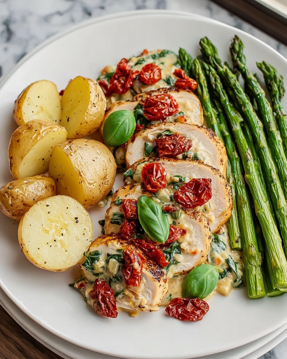 A white plate holds a meal with three main parts: on the left, five halved roasted baby potatoes with light yellow insides and speckled skin; in the center, four slices of grilled chicken breast, golden brown with grill marks, topped with red sun-dried tomatoes, green basil leaves, and a creamy sauce with bits of spinach and diced onions; on the right, a bundle of green roasted asparagus spears. The plate is on a white marbled surface. photo taken with an iphone --ar 4:5 --v 7