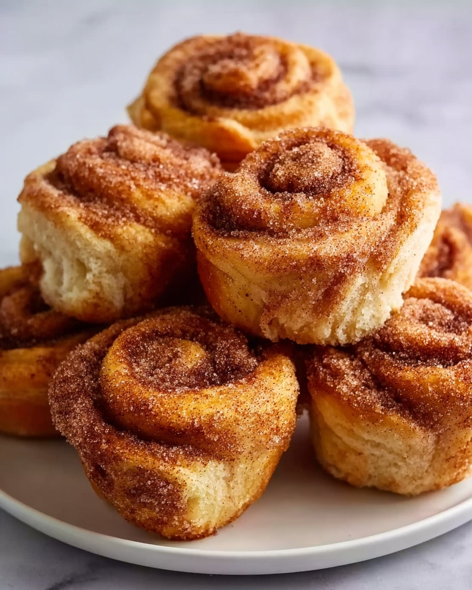 A close-up image shows a single cinnamon sugar muffin on a small white plate, placed on a white marbled surface. The muffin has two main layers: the bottom layer is a light golden yellow with a soft, fluffy texture, while the top layer is a thick swirl of cinnamon-sugar coated dough, giving it a coarse, sparkling brown and tan texture that looks crispy on the outside. In the background, slightly out of focus, there is a larger white plate holding several more muffins with the same color and texture. Photo taken with an iphone --ar 4:5 --v 7