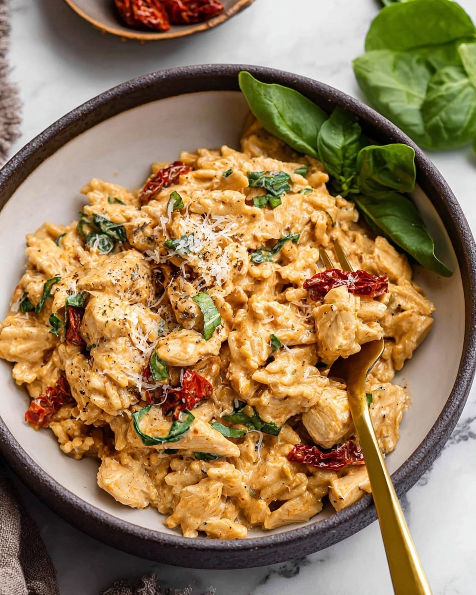 A large black cast iron pan holds a creamy orzo dish mixed with chunks of cooked chicken that are light brown, scattered throughout. The orzo is pale yellow, soft, and mixed with vibrant green spinach leaves and bright red roasted tomato pieces. The surface is garnished with a light sprinkle of finely chopped fresh herbs and white grated cheese, adding texture and color contrast. Two gold forks rest in the pan near the edge, with some food on them. The pan sits on a white marbled surface with a folded light grey cloth under one side and a few green glass cups around. photo taken with an iphone --ar 4:5 --v 7