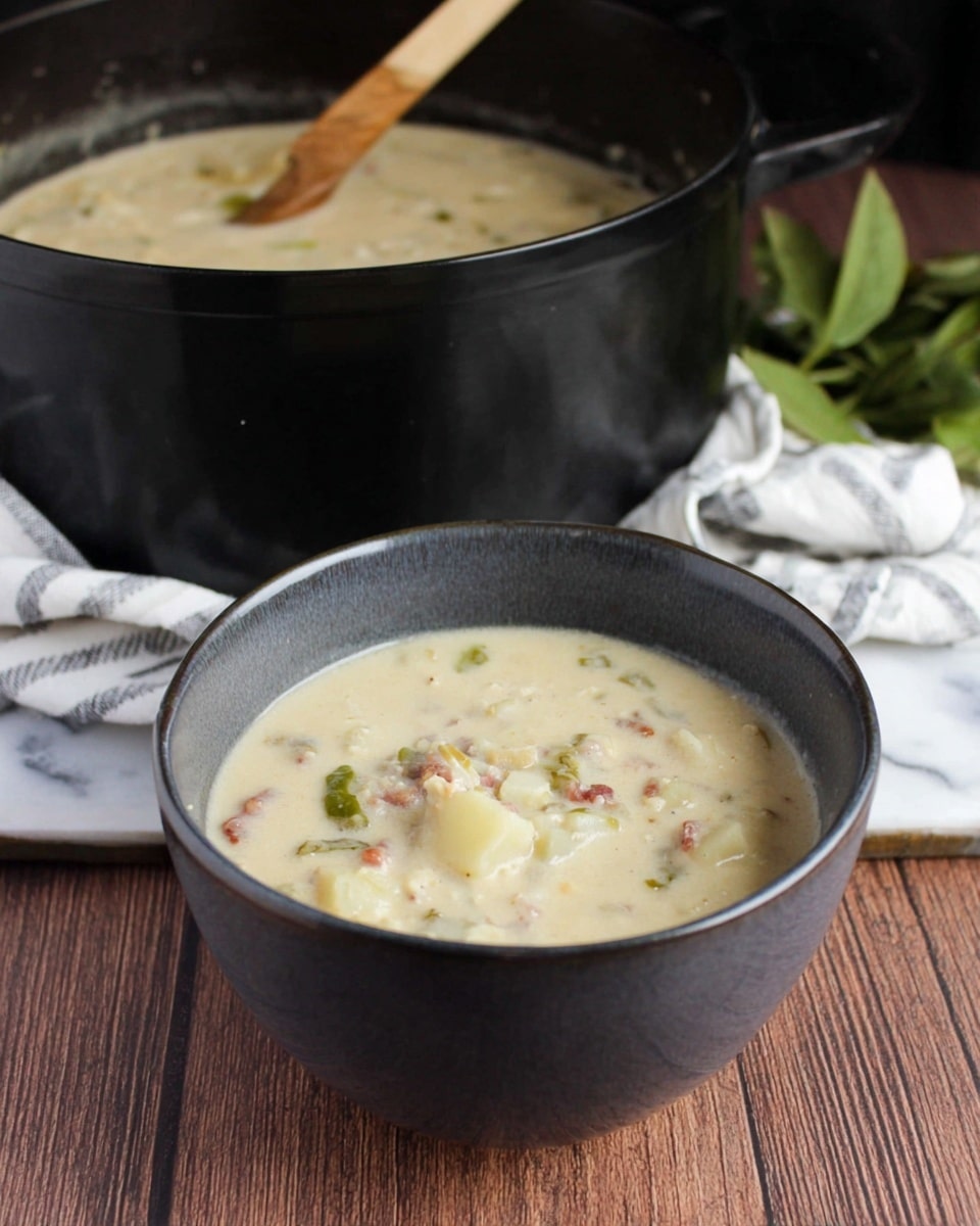 A close-up view of a thick creamy soup served in a dark bowl, showing a spoon lifting a portion filled with soft chunks of beige sausage, diced green bell peppers, and small pieces of pale potato in the rich, light cream base. Each spoonful displays a mix of slightly browned sausage pieces with smooth green vegetable bits scattered evenly throughout, all nestled in the velvety broth. The background is a white marbled texture with a blurred checkered cloth at the top. Photo taken with an iphone --ar 4:5 --v 7
