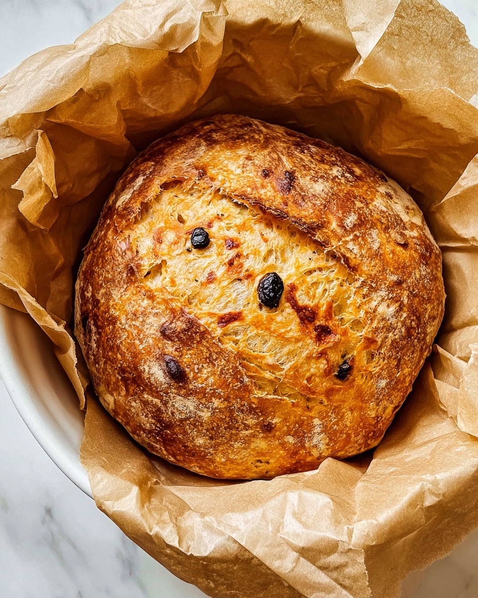 The image shows a rustic loaf of bread with a rough golden-brown crust and a soft inside. The loaf is cut in half, with one half lying flat and the other standing behind it. The bread has visible green herb pieces throughout, giving a spotty green texture inside. The crust looks crunchy with irregular bumps and a slightly flour-dusted top. The background is a white marbled texture with some bread crumbs around, and a knife is blurry in the back. Photo taken with an iphone --ar 4:5 --v 7