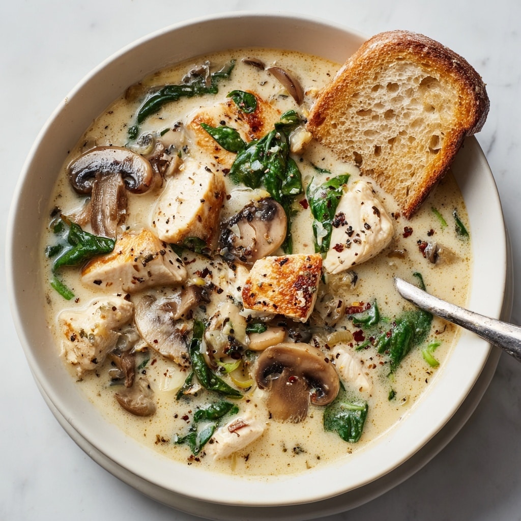 A white bowl filled with creamy soup showing three main layers: a base of smooth, light beige broth speckled with herbs, a middle layer of tender dark brown mushrooms sliced thinly, and a top layer of shredded white chicken mixed with dark green spinach leaves scattered evenly, garnished with a small sprig of fresh thyme in the center. The bowl sits on a white marbled surface with a piece of toasted bread with a crispy golden crust on the side, partially visible in the foreground. Another bowl filled with the same soup is blurred in the background. Photo taken with an iphone --ar 4:5 --v 7