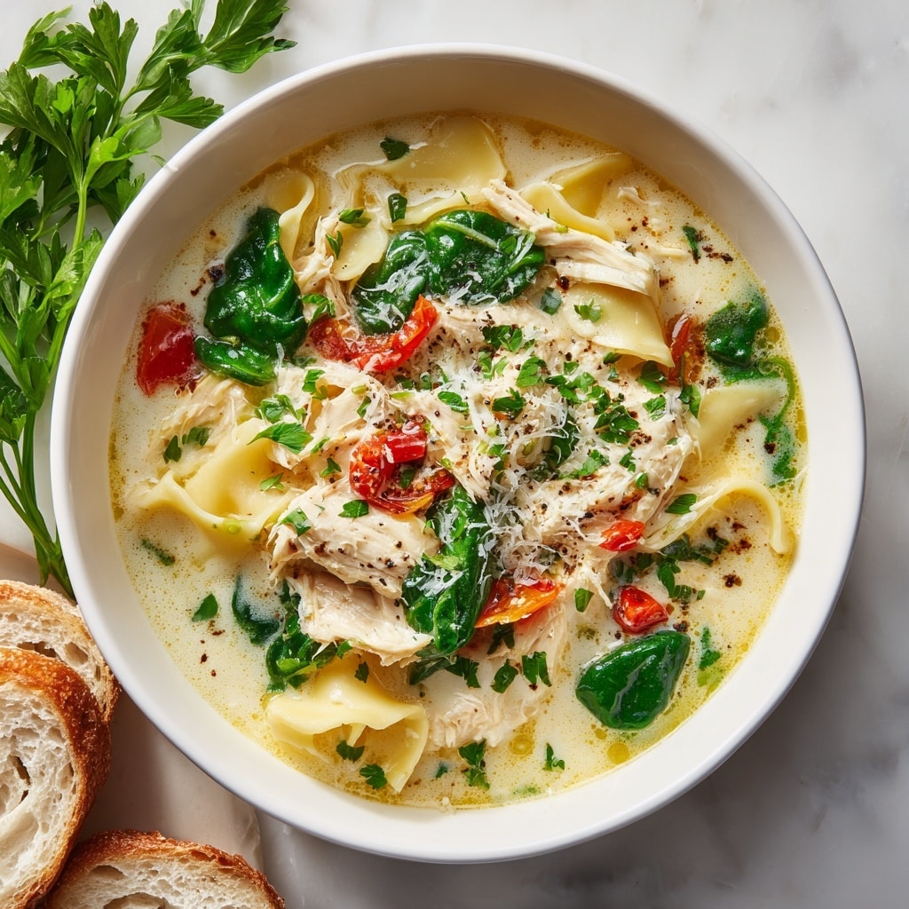 A close-up top view of a large white pot filled with creamy soup that has three main layers: shredded white chicken pieces scattered throughout, yellow curly-edged pasta pieces mixed evenly, and bright green spinach leaves floating in a thick, light beige creamy broth with visible herbs and spices. The pot rests on a white marbled surface with some fresh green herbs in the top left and a white and green striped kitchen towel folded on the bottom right. Photo taken with an iphone --ar 4:5 --v 7