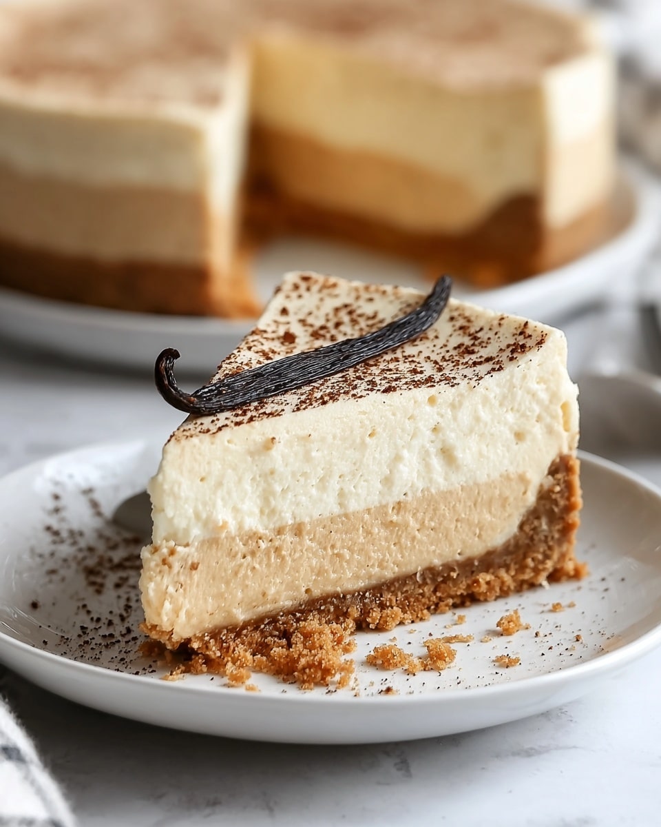A slice of creamy pie with three layers sits on a white plate on a white marbled surface. The bottom layer is light golden and smooth, the middle layer is a pale creamy beige with specks of visible vanilla beans, and the top layer is thick with a glossy texture and contains large pieces of walnuts near the crust. The crust is crumbly and golden brown, extending up the sides of the pie. Next to the pie slice is a dollop of whipped cream that is soft and white, and a silver fork holds a small bite of the pie with whipped cream. In the background, there are blurry pecans and a white cloth. photo taken with an iphone --ar 4:5 --v 7