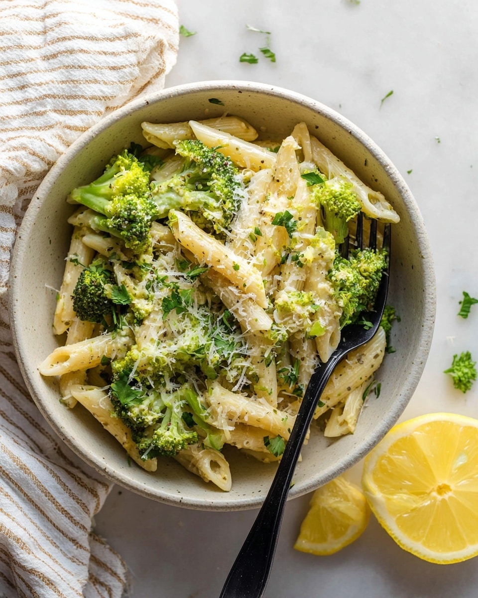 A close-up view of a bowl of pasta with broccoli shows three main layers: the bottom layer has creamy white penne pasta, the middle layer consists of bright green broccoli florets mixed evenly with the pasta, and the top layer is sprinkled with grated pale yellow cheese and a few green parsley leaves. A black fork rests on the right side of the bowl, partially pushed into the pasta. A wedge of lemon with a bright yellow color is placed in the bottom right corner inside the bowl, and another lemon wedge is on the white marbled surface near the top right edge of the bowl. A striped white and tan cloth lies draped next to the bowl on the left side. Photo taken with an iphone --ar 4:5 --v 7