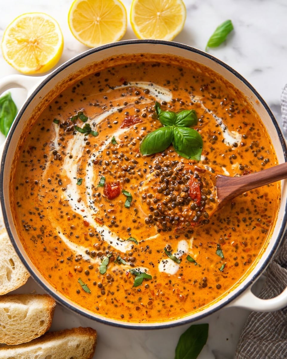 A white pot filled with a thick, creamy orange sauce mixed with many small black lentils and pieces of red tomato, with a swirl of cream on top and a few green basil leaves placed as garnish, along with a lemon wedge resting on the edge of the pot. A wooden spoon is partly dipped into the sauce, lifting some lentils and tomato chunks. The pot is on a white marbled surface with two lemon halves and slices of bread in the background. photo taken with an iphone --ar 4:5 --v 7