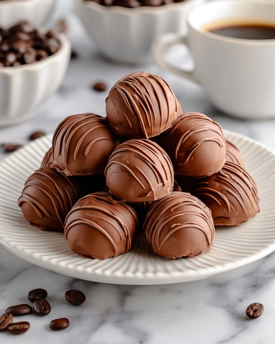 A white plate with ridged edges holds a pile of round chocolate truffles, stacked in about three layers. Each truffle is coated with smooth milk chocolate and decorated with thin, darker chocolate stripes drizzled across the top and sides, giving a glossy texture. The plate is placed on a white marbled surface, with scattered coffee beans around it and blurred bowls in the background. Photo taken with an iphone --ar 4:5 --v 7