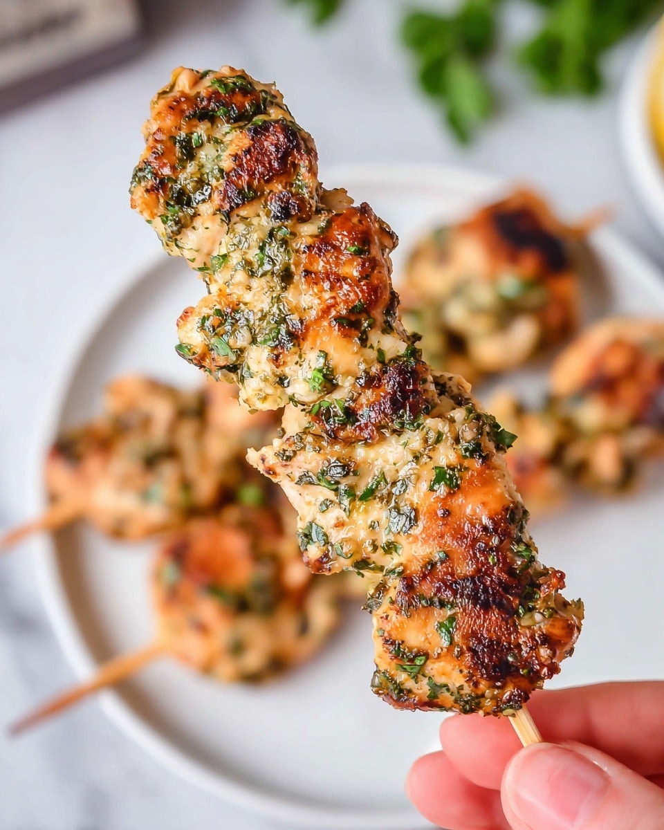 A close-up view of a skewer with three pieces of grilled chicken on it, each piece covered with a textured mix of herbs and garlic, showing light golden brown crispy edges and green specks of parsley all over. The skewer is held by a woman's hand at the bottom right side. In the background, blurred chicken skewers lie on a white plate placed on a white marbled surface, with some faint green leaves also visible out of focus. photo taken with an iphone --ar 4:5 --v 7
