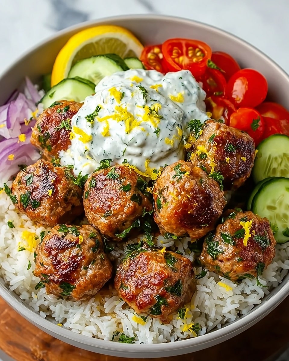 A white bowl filled with a bed of fluffy white rice at the bottom, topped with a layer of golden-brown meatballs sprinkled with green herbs, arranged in a circle around a dollop of creamy white sauce with green herbs and yellow lemon zest on top. Around the meatballs and sauce, there is a colorful mix of fresh vegetable slices including green cucumber, halved bright red cherry tomatoes, and thin slices of purple onion, all placed against a white marbled surface. photo taken with an iphone --ar 4:5 --v 7