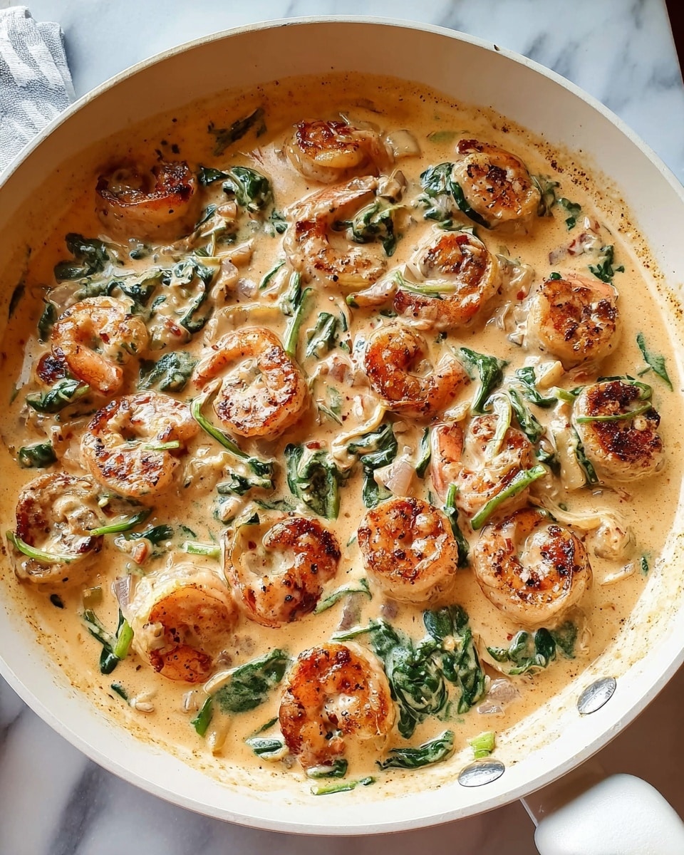 The image shows a light grey pan filled with creamy beige sauce with green spinach leaves mixed in, creating a textured base layer. On top of the sauce, there is a pile of golden brown, seasoned, and cooked shrimp, arranged in a loose mound mostly toward the center of the pan. The sauce looks thick and rich with visible small bits of herbs or spices mixed throughout. The pan has white handles and rests on a cork coaster over a white marbled surface. photo taken with an iphone --ar 4:5 --v 7