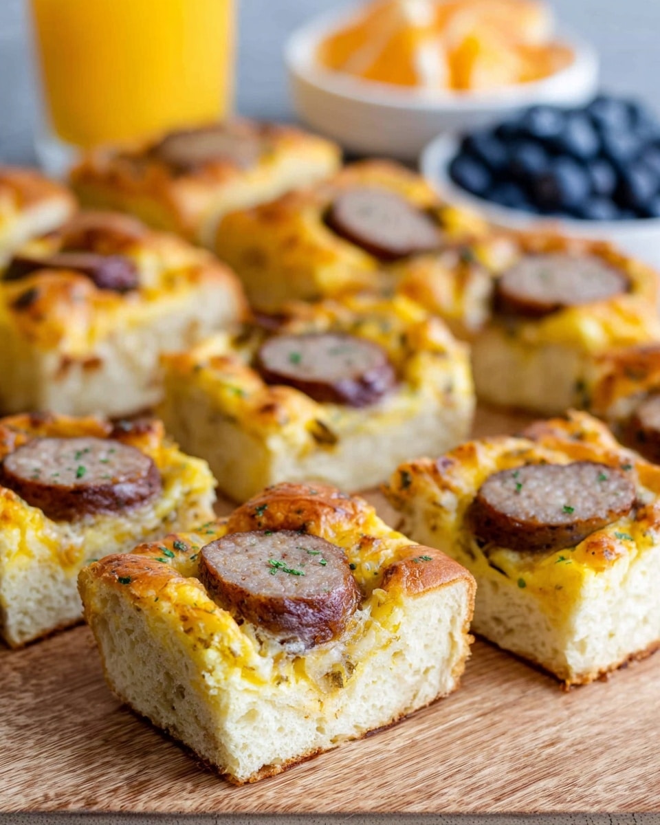 The image shows several pieces of thick, square breakfast casserole slices arranged on a wooden surface over a white marbled texture. Each slice has three visible layers: a bottom layer of soft, light golden bread, a middle layer filled with bright yellow egg mixed with melted orange cheddar cheese, and a top layer with browned sausage slices placed in a row. The bread looks fluffy with a slightly crispy crust on the edges. The casserole pieces are scattered casually, with a glass of orange juice and a bowl of blueberries blurred in the background. Photo taken with an iphone --ar 4:5 --v 7