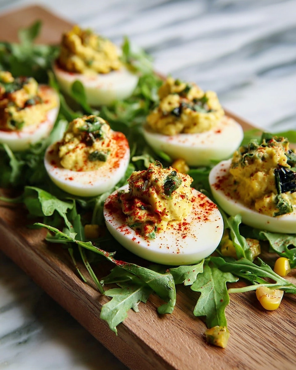 A wooden board holds five deviled eggs arranged in a row, each egg cut in half showing a smooth white base layer, topped with a creamy yellow filling mixed with small green herbs, some filled portions sprinkled with bright red paprika powder. Around and underneath the eggs, fresh green arugula leaves add a textured and leafy layer, with tiny pieces of yellow corn scattered among the greenery. The eggs are slightly shiny and garnished with bits of cooked herbs or vegetables on top, creating a mix of smooth and crumbly textures. The scene rests on a white marbled surface, with soft natural light enhancing the vibrant colors and fresh look of the dish. Photo taken with an iphone --ar 4:5 --v 7