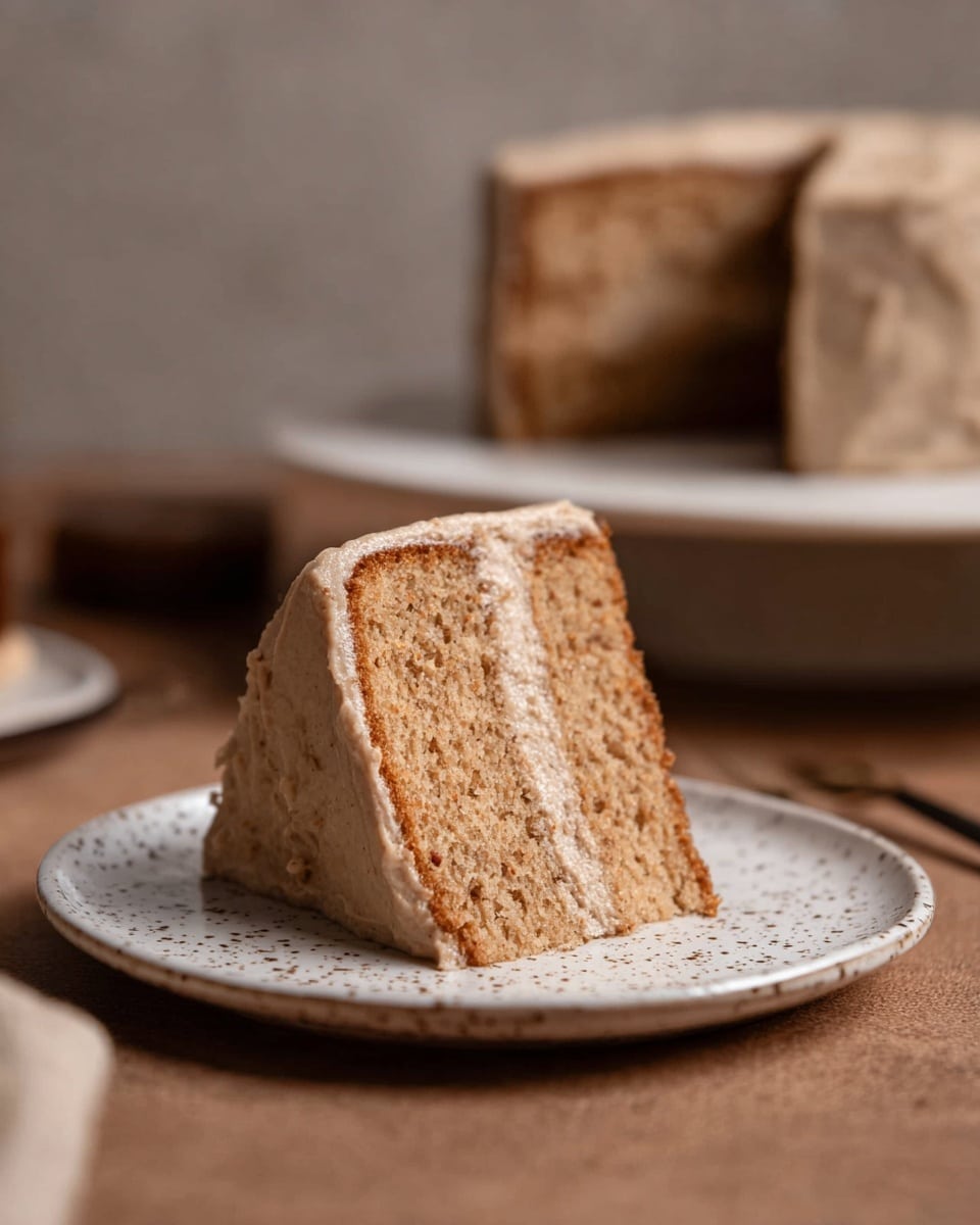 A single slice of two-layer light brown cake sits in the center of a white speckled plate, each layer separated by a smooth, slightly lighter brown frosting. The cake texture looks soft and moist, with a thin, darker brown crust around the edges. In the background, the full cake with the same frosting and layers is slightly out of focus on a white plate. The setting includes a blurred brown surface beneath the plate and a muted, neutral background. Photo taken with an iphone --ar 4:5 --v 7