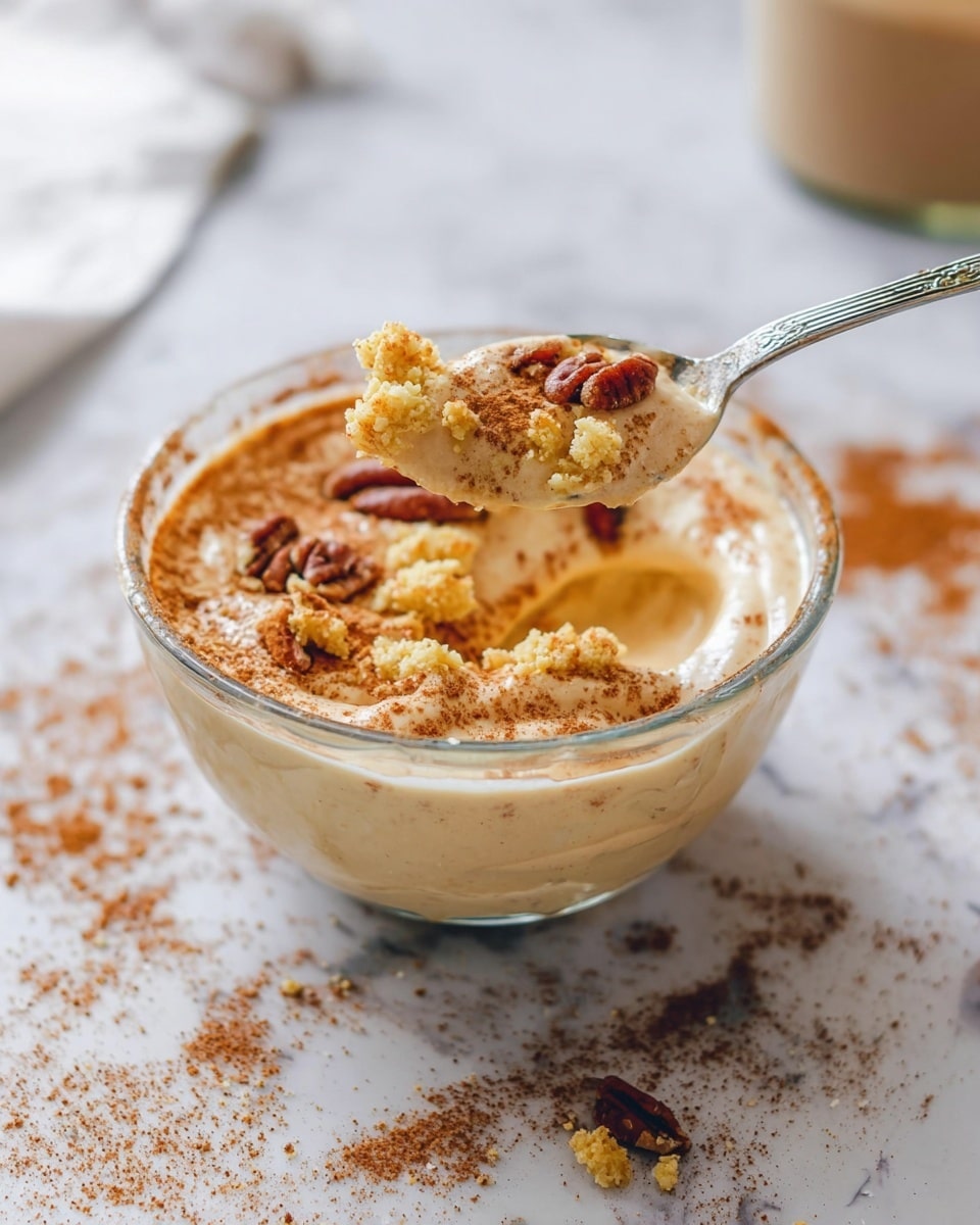 A clear glass bowl on a white marbled surface holds a smooth, creamy beige base with three distinct toppings on the surface: crushed light golden cereal flakes on the left, unevenly chopped pecans in the middle, and a neat line of finely ground cinnamon powder on the right. Around the bowl, there are scattered crumbs of pecans and cereal flakes alongside a pile of cinnamon powder with its container lying tipped over at the bottom left. A silver spoon rests inside the bowl, partially submerged on the right side. Photo taken with an iphone --ar 4:5 --v 7