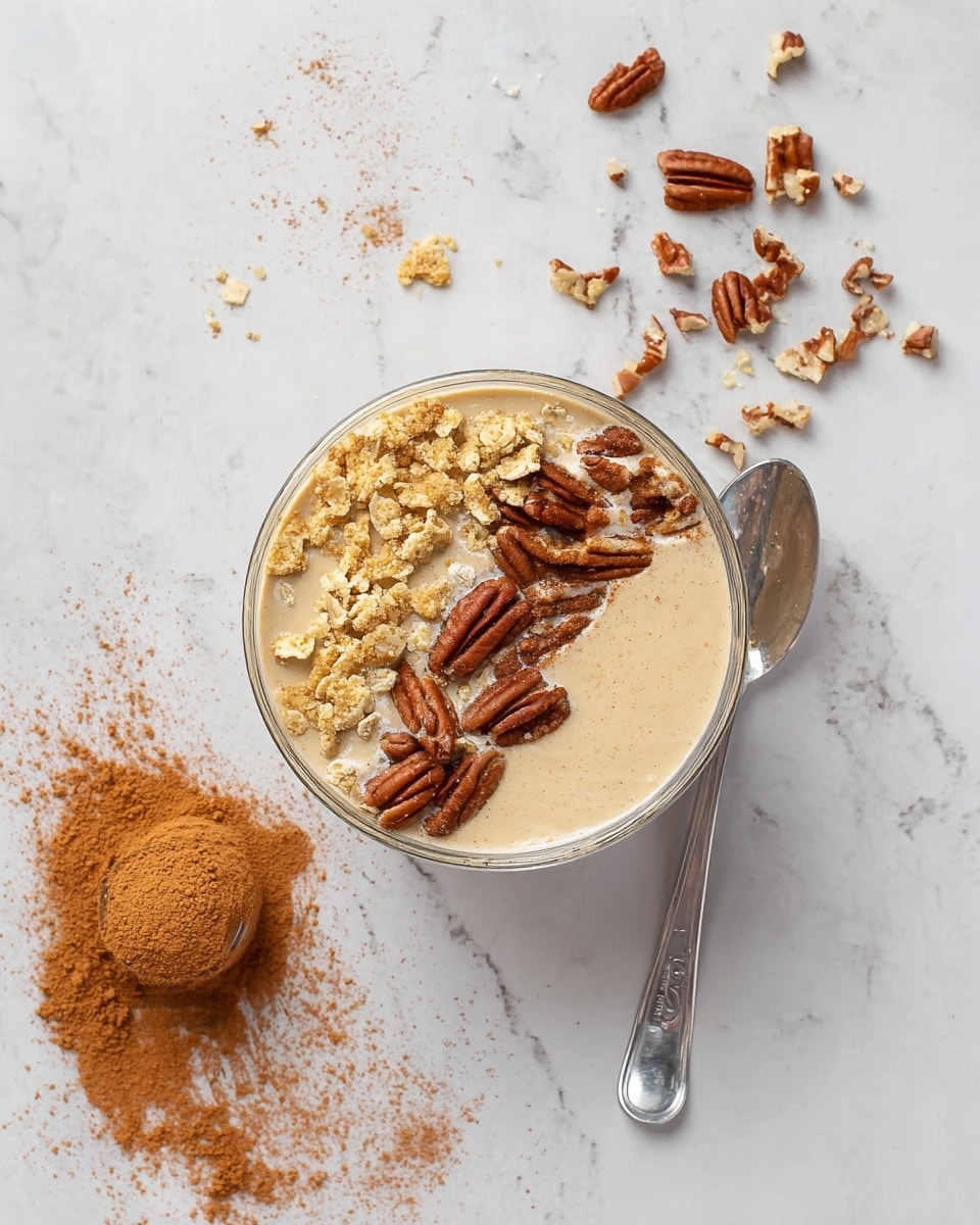A clear glass bowl holds a creamy, light brown mixture as the base layer, with a smooth texture and slightly glossy surface. On top of this layer, there are chunks of light yellow crumbled pieces and medium brown pecan nuts, scattered unevenly. A sprinkling of finely ground cinnamon powder, reddish-brown in color, dusts parts of the mixture and some pieces. A silver spoon lifts a portion of the creamy base, covered with some crumbs and cinnamon. The bowl is placed on a white marbled surface with more cinnamon powder and crumbs scattered around. In the background, a blurred container can be seen. photo taken with an iphone --ar 4:5 --v 7