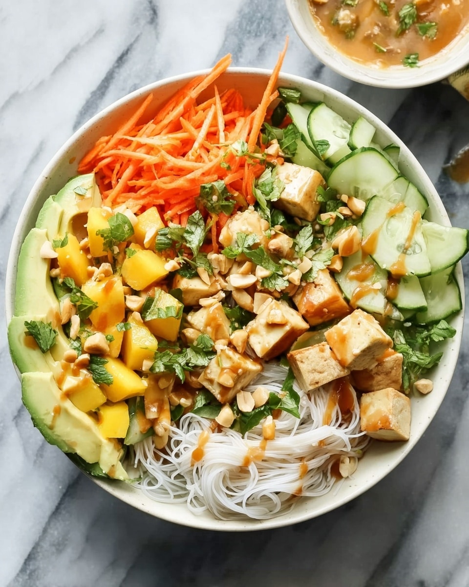 A bowl filled with white rice noodles forming the base layer, topped with small golden-brown tofu cubes scattered around. On one side, neatly sliced green avocado fanned out over the noodles, next to thin, bright orange carrot strips. There are light yellow mango chunks spread throughout and thin cucumber slices layered on top as well. A light brown sauce is drizzled unevenly over the bowl. Fresh green herbs and crushed peanuts are sprinkled over the top, adding texture and color. The bowl is placed on a white marbled surface with a light gray cloth nearby, with two small white bowls containing chopped green herbs and additional brown sauce slightly out of focus in the background. photo taken with an iphone --ar 4:5 --v 7